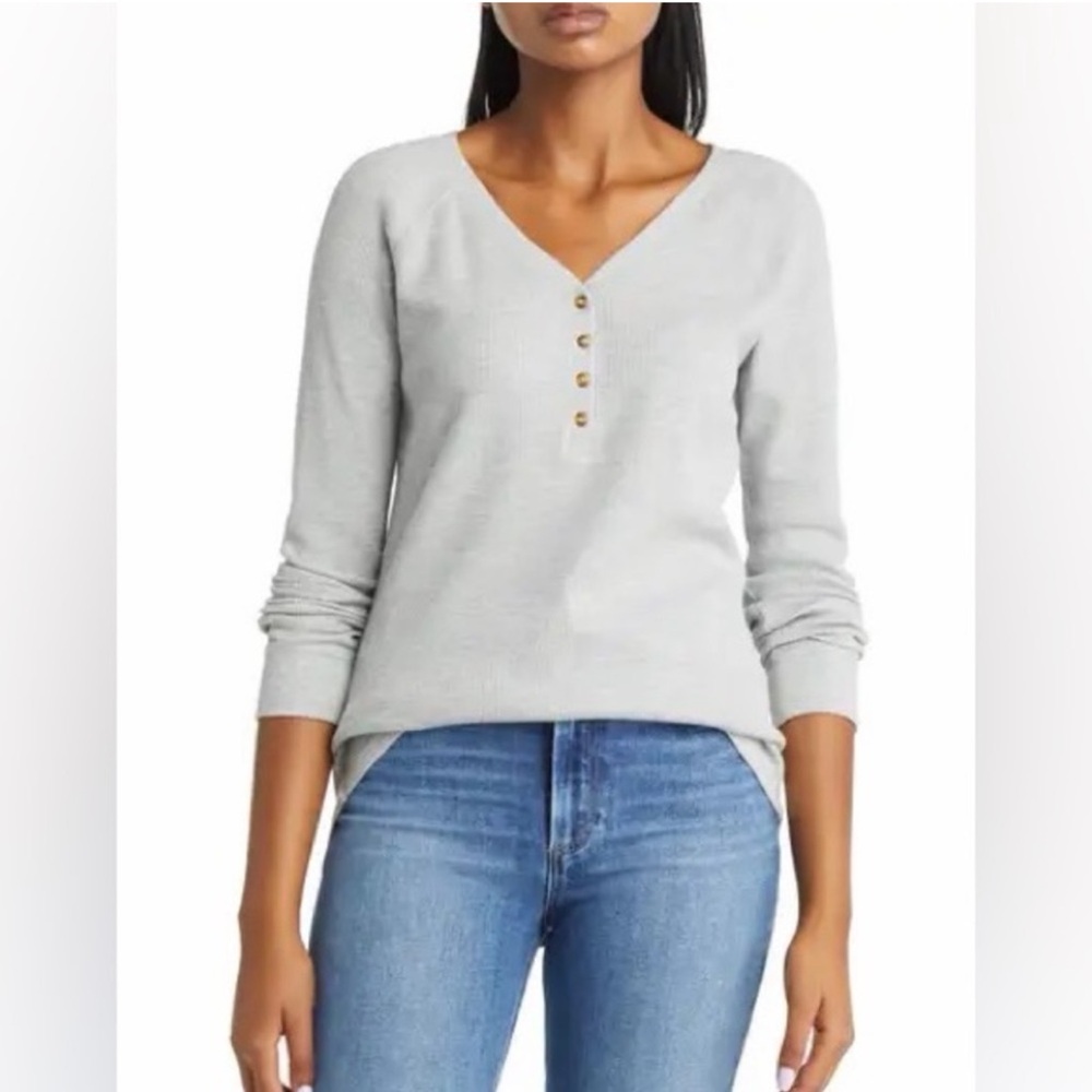 Caslon Waffle Knit Henley Long Sleeve Top Grey Heather XL